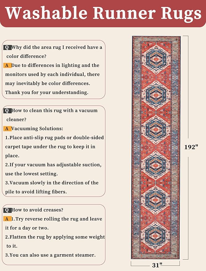 SERISSA Runner Rug for Hallways, Extra Long Boho Rug Ultra Soft Vintage Rust - Image 6
