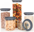 Glass Kitchen Storage Containers with Airtight Silicone Lids, BPA-Free Pantry Glass Jars with Airtight Lid for Pantry Meal Prep, Pasta and Food – Set of 5 with Portion Tool