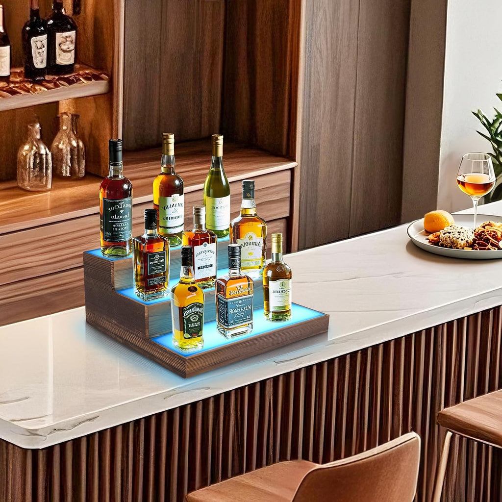3 Tier Wine Rack with Light LED Liquor Bottle Display Case Acrylic Illuminated Bar Bottle Display Shelf RGB Lighting for Home Commercial Bar Party