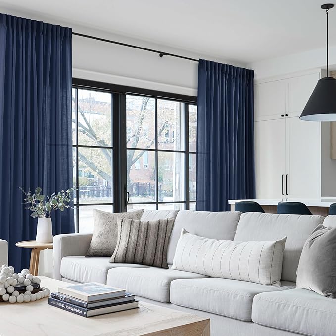 Navy Blue Curtains for Living Room Back Tab Modern Farmhouse Semi Sheer Blue - Image 5