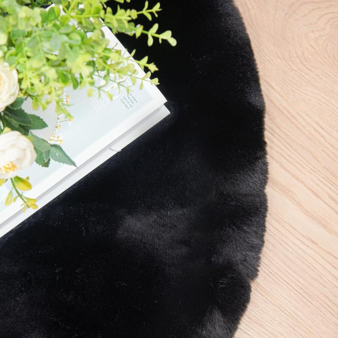 ORINOVA Black Round Plush Rugs for Bedroom Faux Bunny Fuzzy Washable Fur Area - Image 8