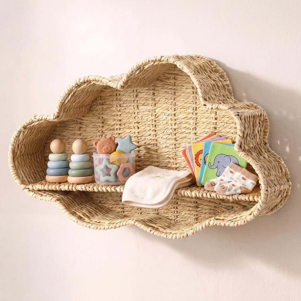 Bear Water Hyacinth Wicker Wall Shelf for Nursery, Rattan Shelf