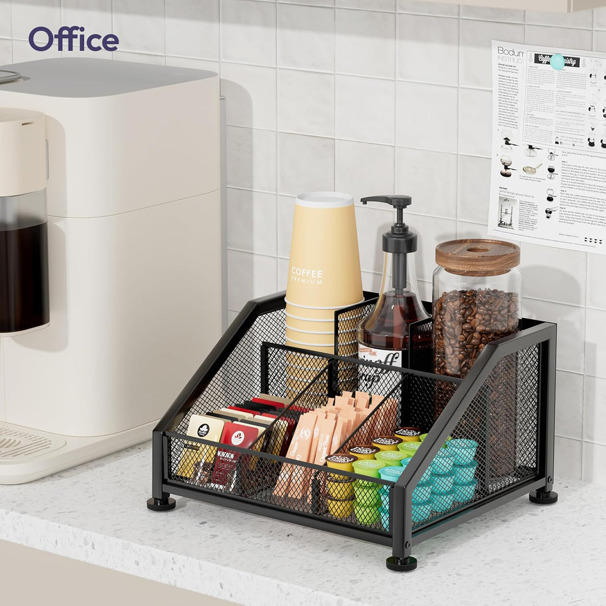 Coffee Bar Organizer for Countertop – Space-Saving Kcup Organizer with Tiered Shelves, Coffee Station for Pods, Sugar, Syrup, Cups, Stirrers, Condiment Organizer Storage