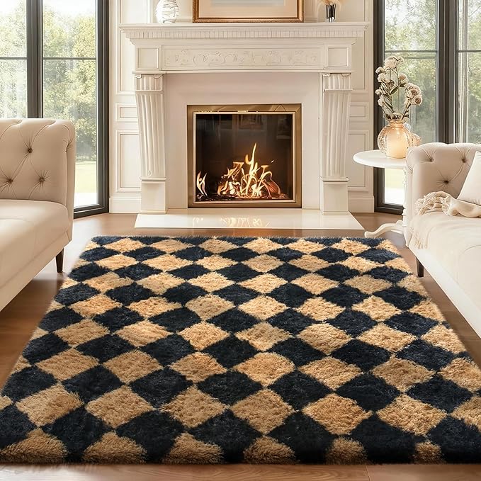 Ophanie Checkered Black & Beige Rhombus Rugs by Ophanie