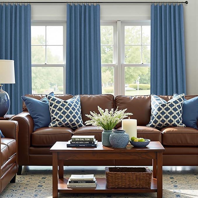 Denim Blue Living Room Darkening Curtains 72 Inches Long 2 Panels Set Faux - Image 6