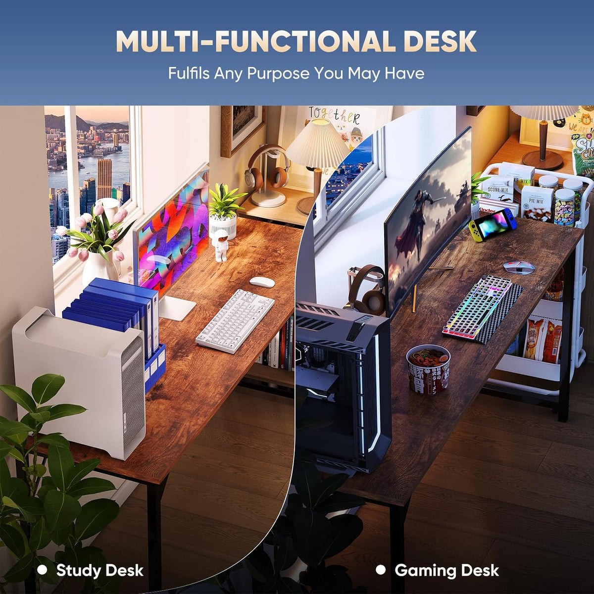 DUMOS 63 Inch Computer Desk, Home Office Gaming Desks for Bedroom, Brown