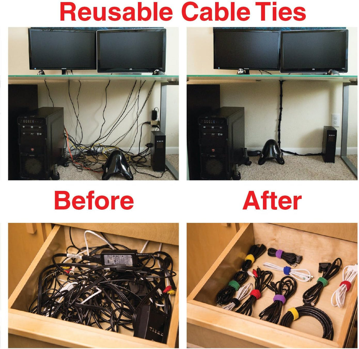 Mini Cable Clips 3M Adhesive, Multipurpose Cord and Wire Organizer for Cable Management 3/4" x 1/2" - 100 Pack Bundled with 10 Bonus Reusable Cable Ties (Black)