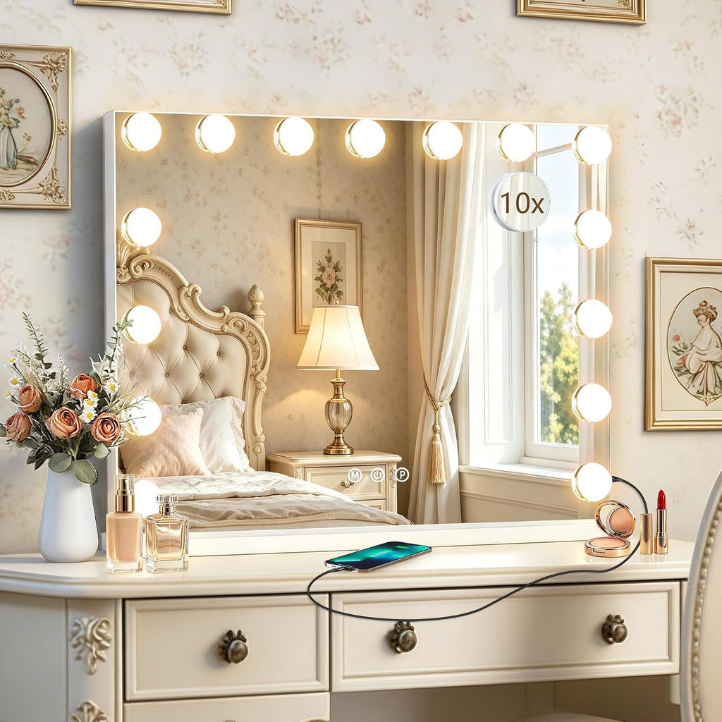 Ratsamee Gold Hollywood Vanity Mirror with Lights, 15 Dimmable Bulbs, 3 Color Lights,Make Up Lighted Mirror, Aluminum Metal Frame, USB Charging Port（23" x 18"）