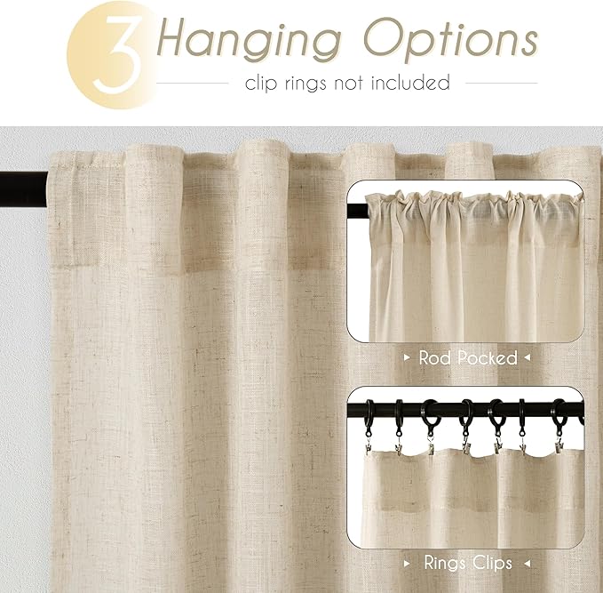 Greyish Beige Linen Curtain 90 inch Length 2 Panels Set Back Tab Light - Image 2