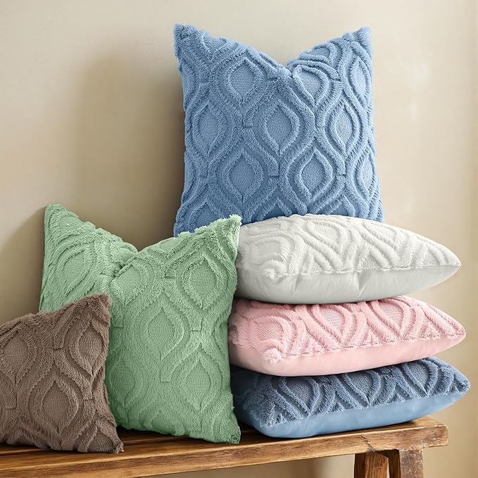 decorUhome Throw Pillow Covers 18x18 Inch Set of 2, Soft Plush Faux Wool Blue - Image 2