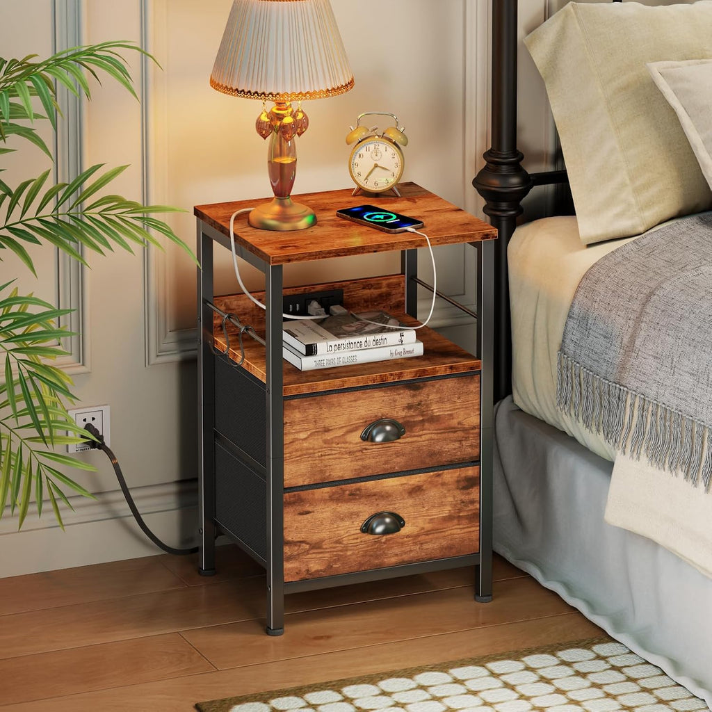 Furologee Nightstand with Charging Station for Dorm, 2 Fabric Drawers
