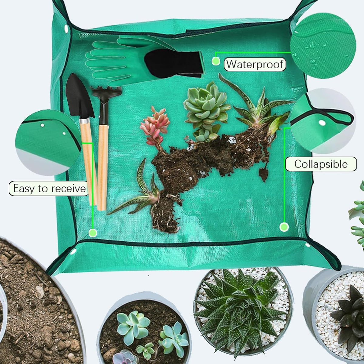 WNJ Plant Repotting Mat for Garden, 2 PCS Waterproof Potting Mats, Foldable Indoor Plant Mat, Portable Mini Garden Tool Set, 12 PCS Succulent Garden Tool Set,Square Garden Potting Tray,Gifts for Women