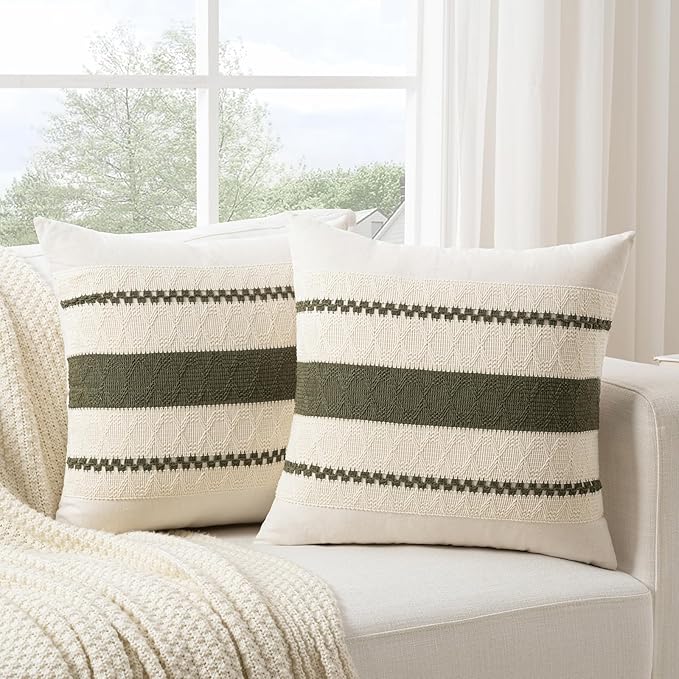 Fancy Homi Set of 1 Boho Olive Green Decorative Throw Pillow Cover 20x20 Inch - Image 2