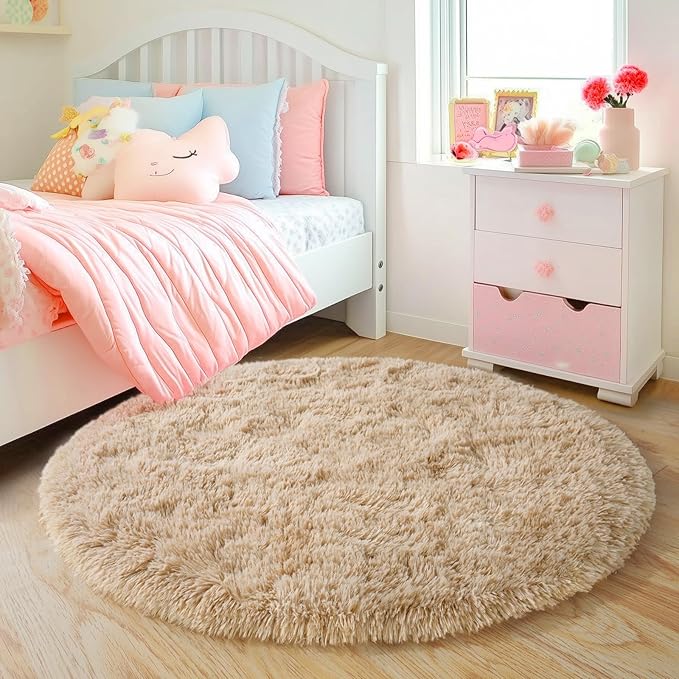 3'x3' Beige Round Rug for Bedroom, Ultra Soft Fluffy Circle Rug for Kids Girls - Image 3