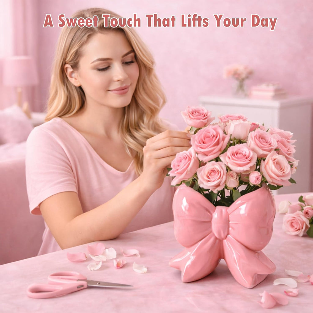 Pink Bow Toothbrush Holder, Ceramic Makeup Brush Holder & Bathroom Decor