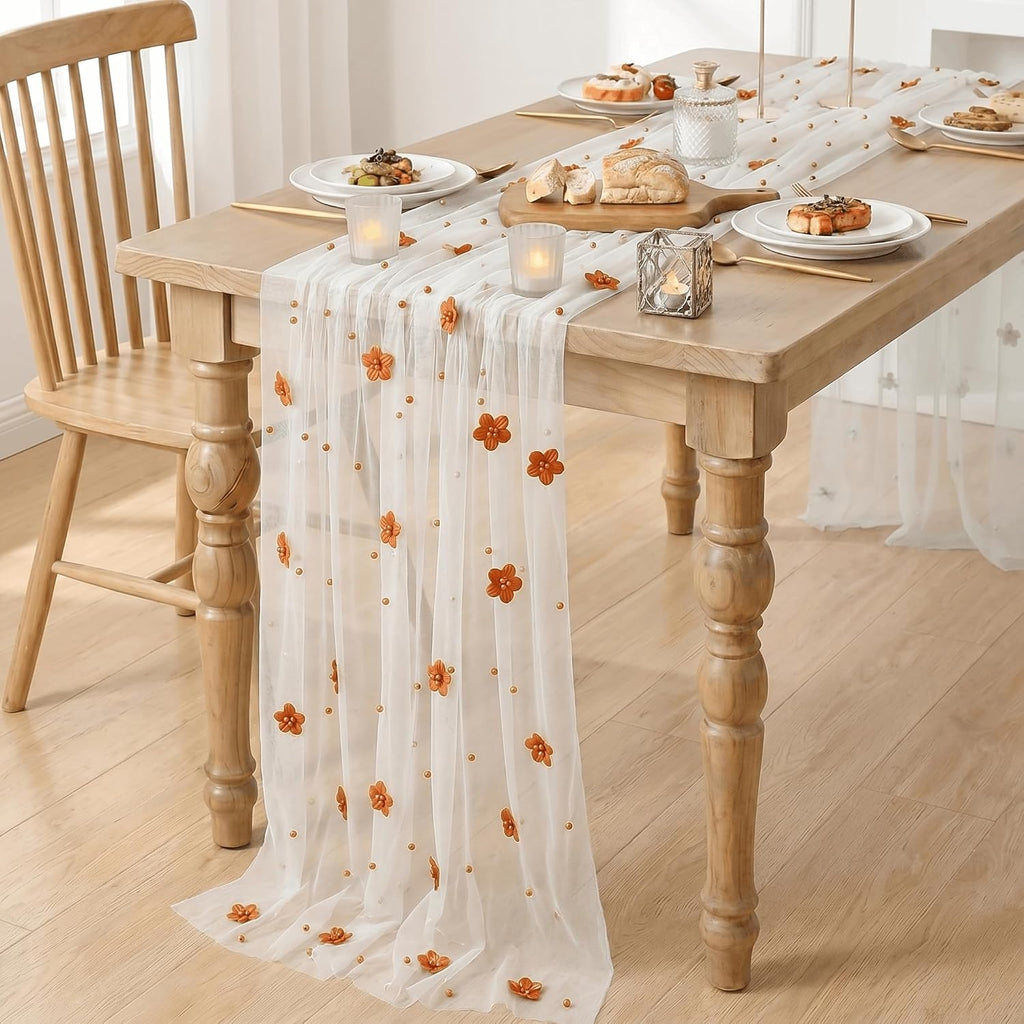 Artoid Mode Caramel Flower Pearl White Gauze Table Runner 10FT, Seasonal Sheer Dining Holiday Wedding Birthday Baby Shower Table Decor for Home Party