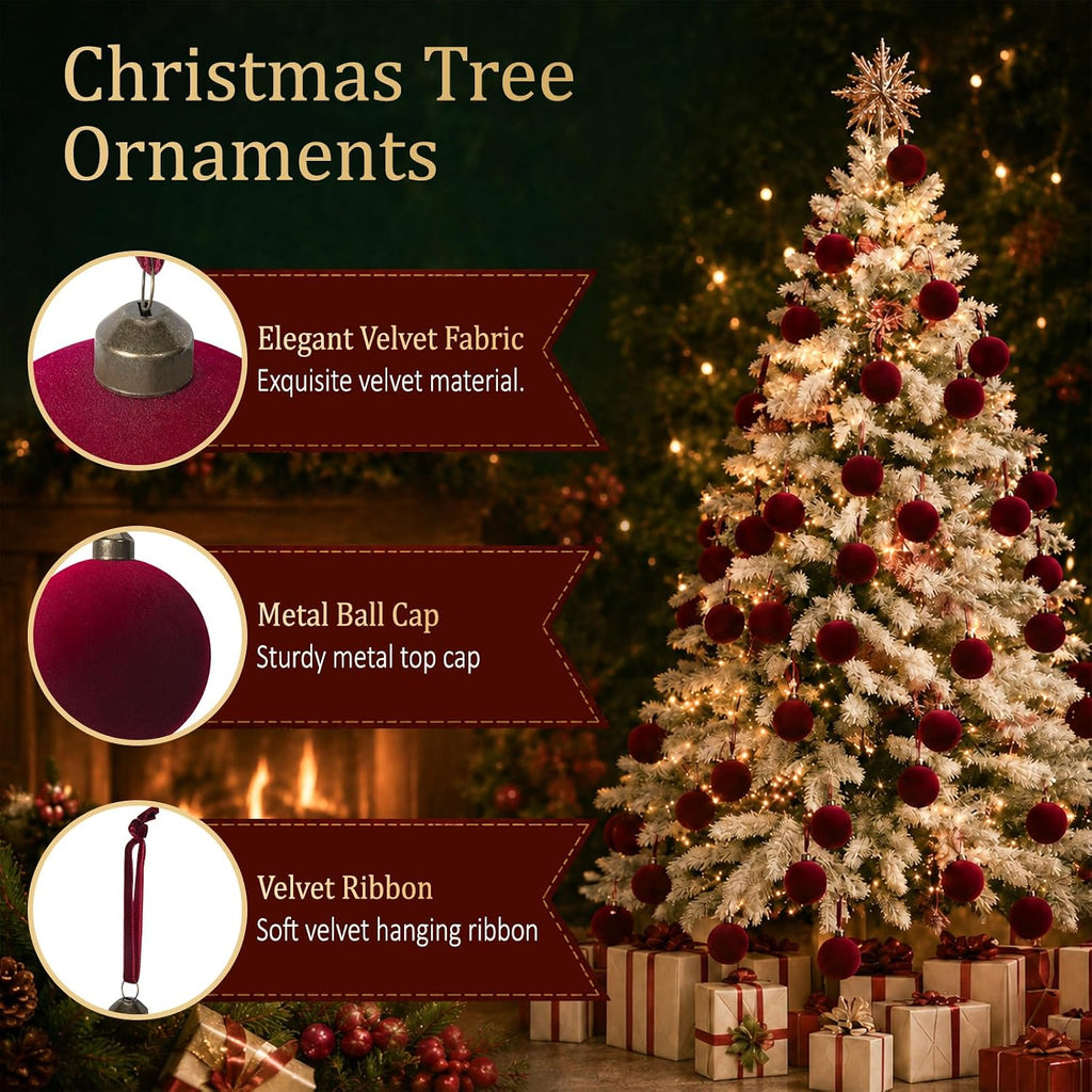 15 Pcs Burgundy Red Velvet Christmas Decorations Balls, 2.65 Inch Christmas Ornaments for Xmas Tree Decor, Dark Red Flocked Ball for Family Holiday Party Valentines Hanging Decoration