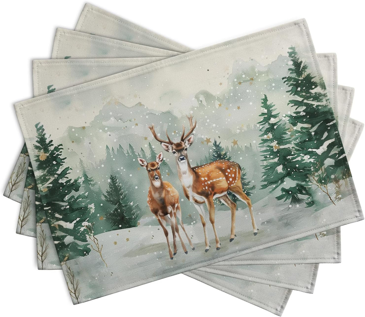 Christmas Watercolor Deer Trees Snowflakes Placemats Set of 4 Winter Rustic Nature Forest Linen Table Mat 12x18 Inch Seasonal Farmhouse Washable Place Mats for Dining Table Kitchen Xmas Decor