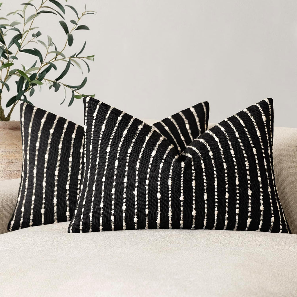 Foindtower Boho Striped Boucle Lumbar Throw Pillow Covers 12x20 Inch Black