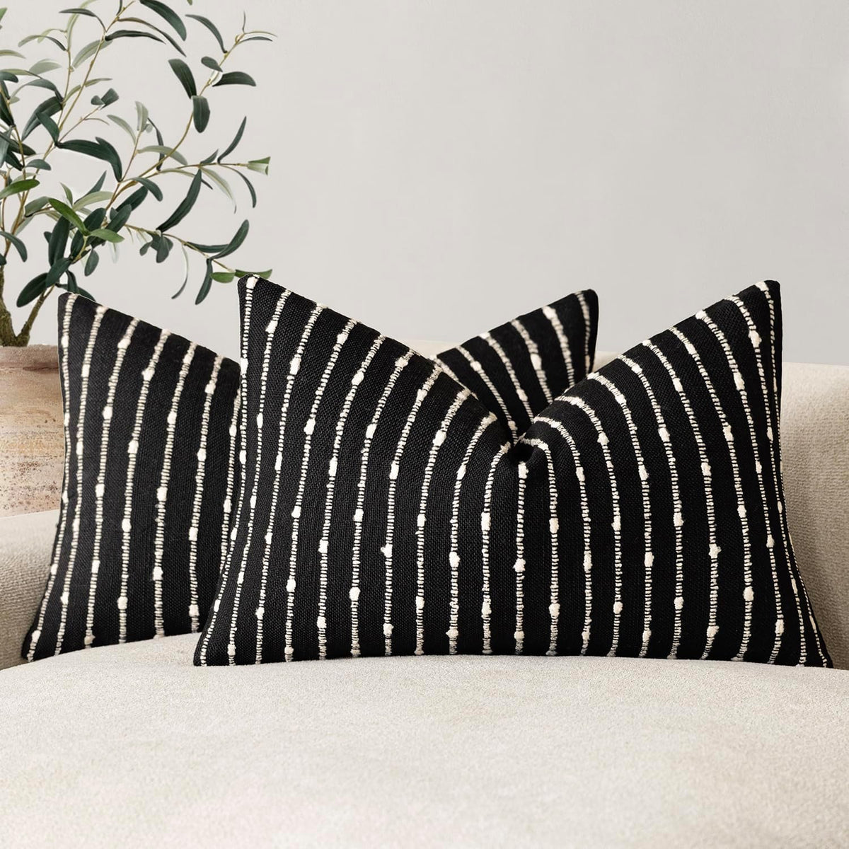 Foindtower Boho Striped Boucle Lumbar Throw Pillow Covers 12x20 Inch Black