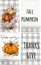 Fall Kitchen Towels Set of 4, Pumpkin Buffalo Plaid Home Decor