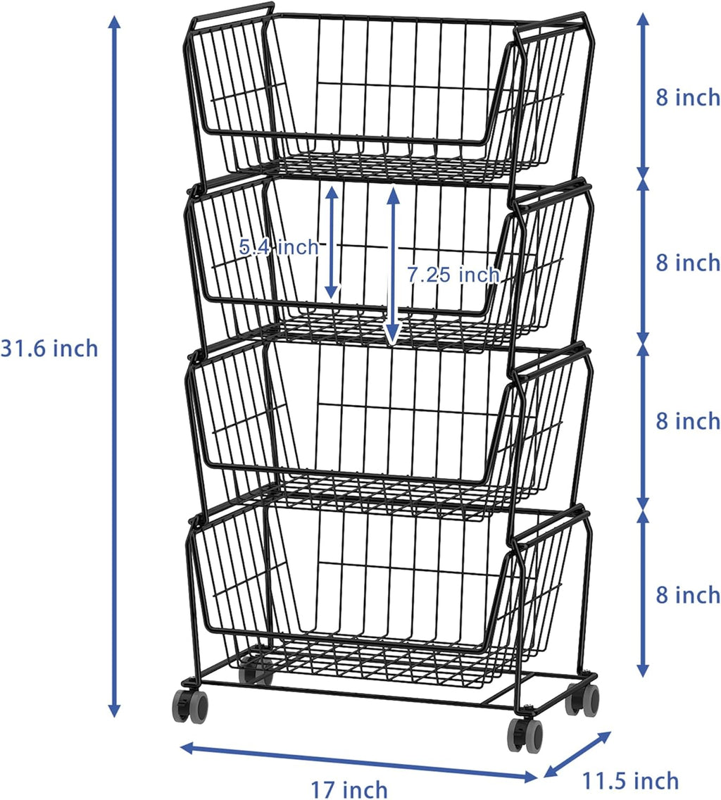 PUSDON 4-Tier Spacious Stackable Wire Storage Baskets with Wheels, Metal Rolling Utility Cart, Produce Basket for Pantry, Bathroom Organizer Shelf, Matte Black