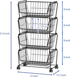 PUSDON 4-Tier Spacious Stackable Wire Storage Baskets with Wheels, Metal Rolling Utility Cart, Produce Basket for Pantry, Bathroom Organizer Shelf, Matte Black