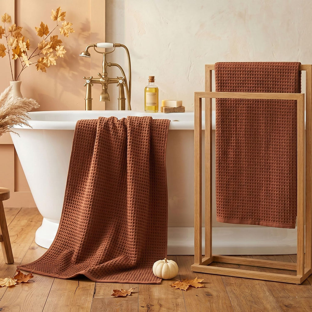 Waffle Bath Towels Set of 2 (Rust) - Fall Bathroom Decor, Large 31” x 62”