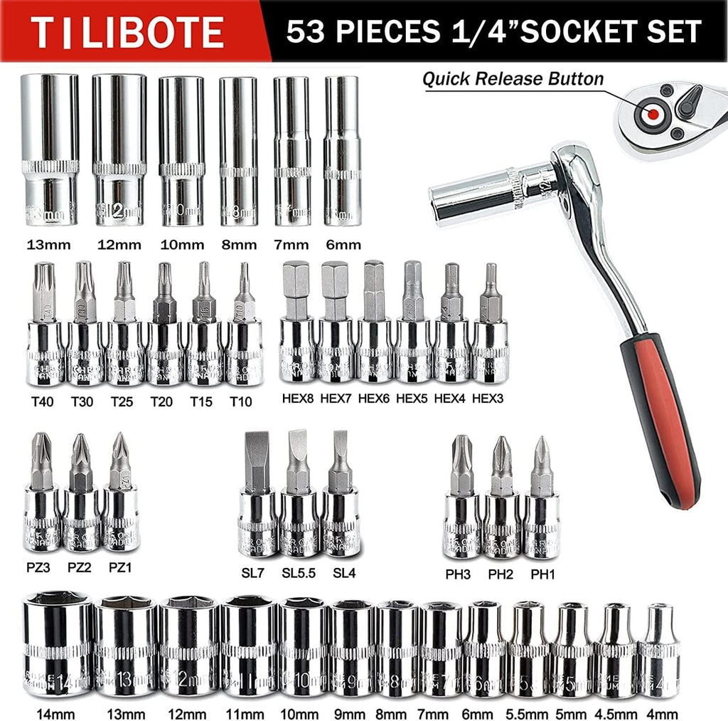 Socket Wrench Set, 53PCS 1/4 Inch Ratcheting Wrench Set And Extension Bar Gimbal Slide Bar Extension Sockets, Set For Automotive Repair And Home Use.