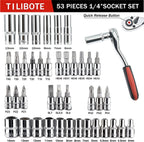 Socket Wrench Set, 53PCS 1/4 Inch Ratcheting Wrench Set And Extension Bar Gimbal Slide Bar Extension Sockets, Set For Automotive Repair And Home Use.