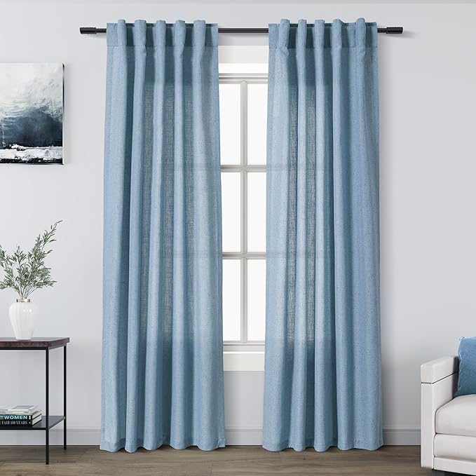 Blue Linen Blend Drapes 84 Inch Length 2 Panels Set Back Tab Rod Pocket Light by Nanspring