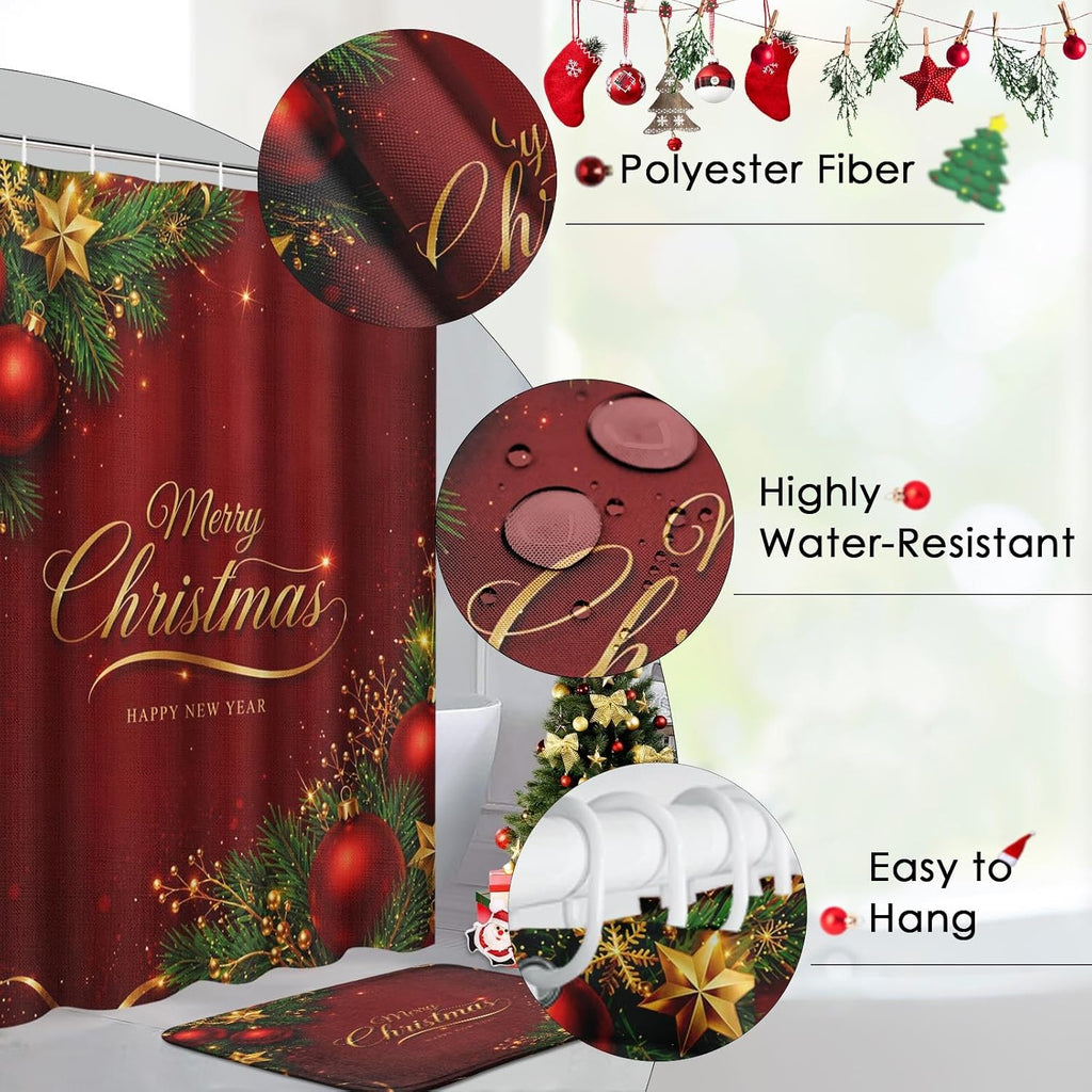 ArtSocket Christmas Bathroom Sets with Shower Curtain and Rugs, Red Gold