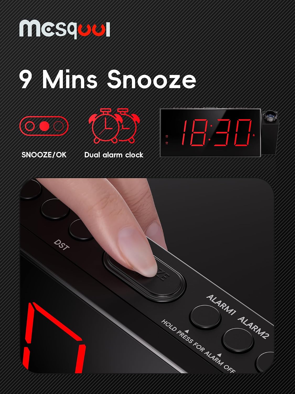 Mesqool Digital Projection Alarm Clock with Dual Alarms, 5 Levels Dimmer