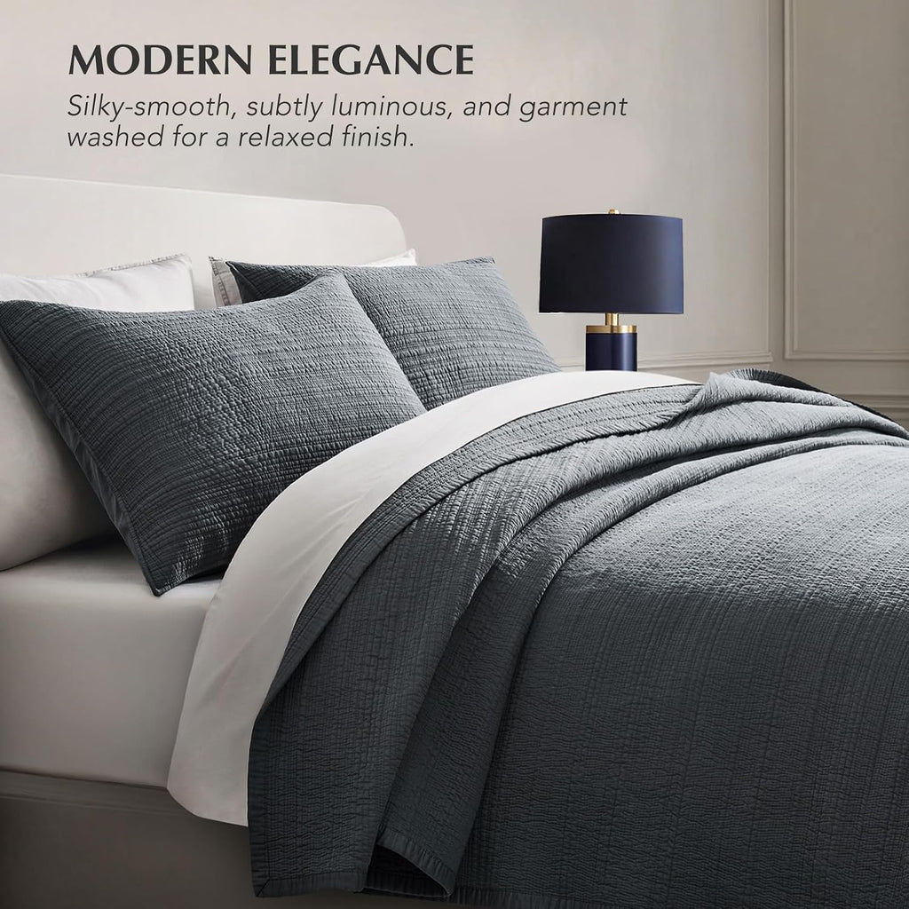 EVERGRACEHOME Cotton Sateen Channel Quilt Set, Queen Size, Midnight Blue