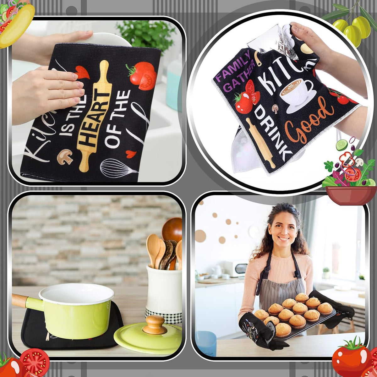 Fourluoo 10 Pcs Black Food Kitchen Decor and Accessories Set