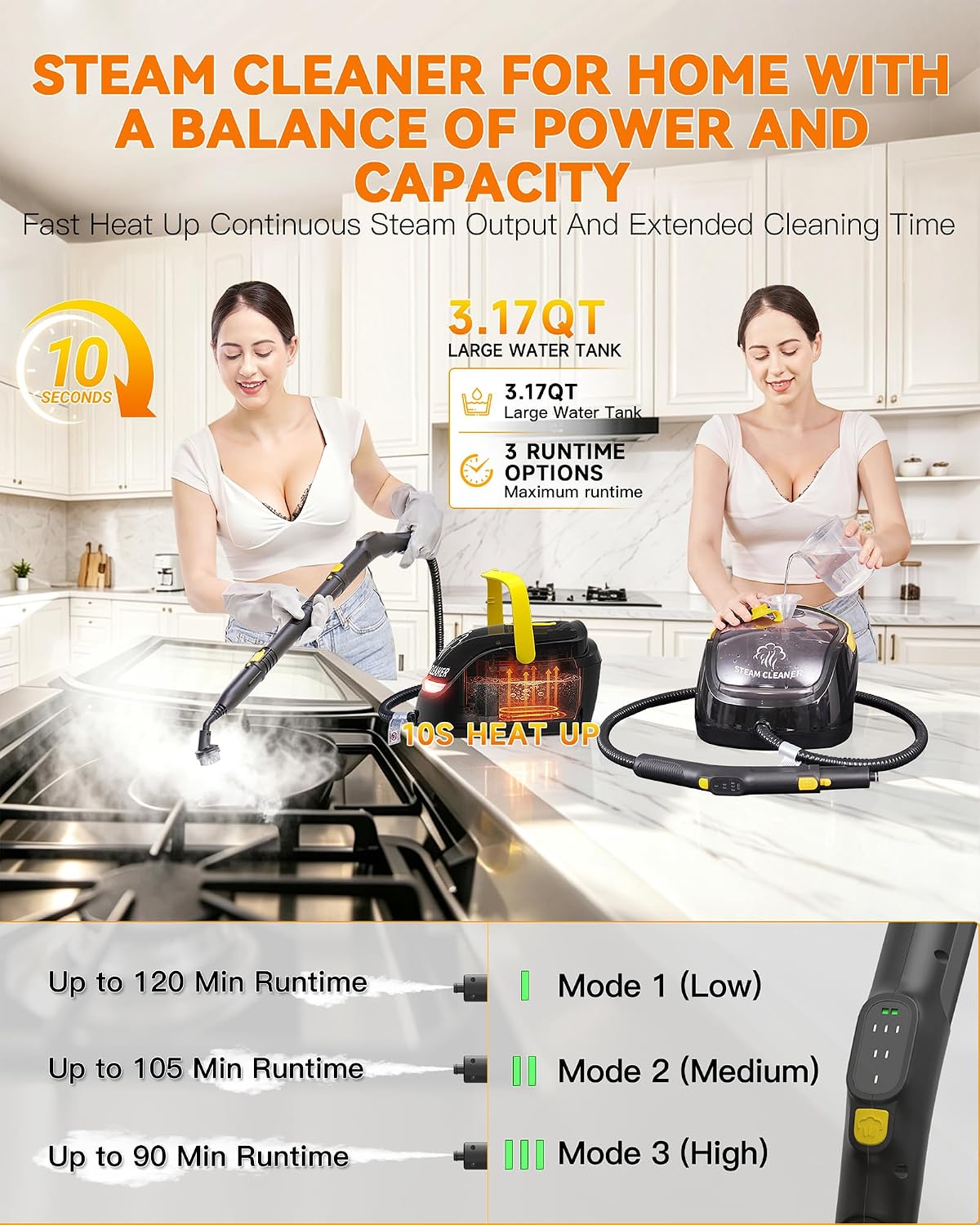 GLAMMAGIC Steam Cleaner with Mop, 3 Level Adjustable Handle, 25 Accessories