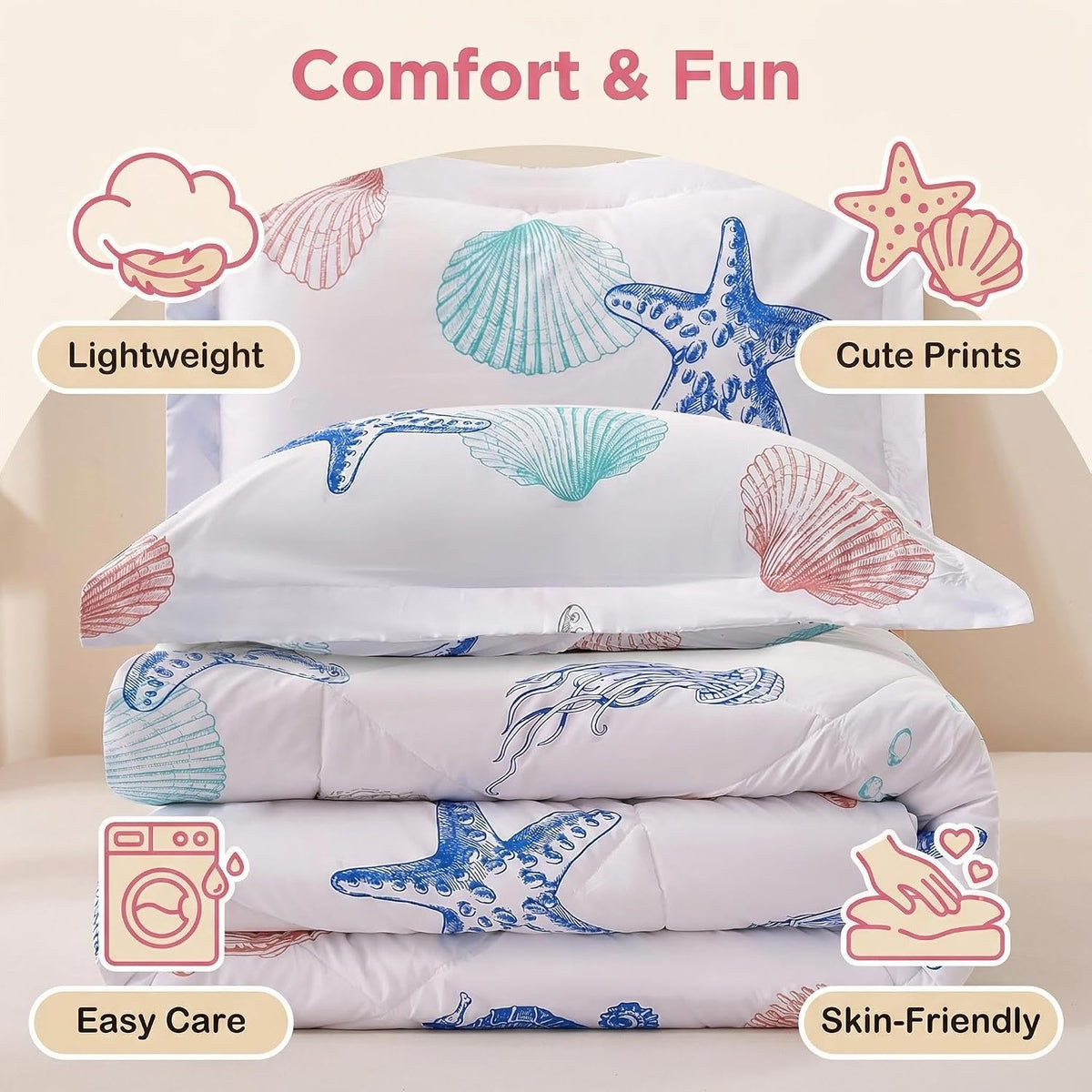 JSD Beach Theme Kids Comforter Set Twin Size, Jellyfish Starfish Shell Pattern