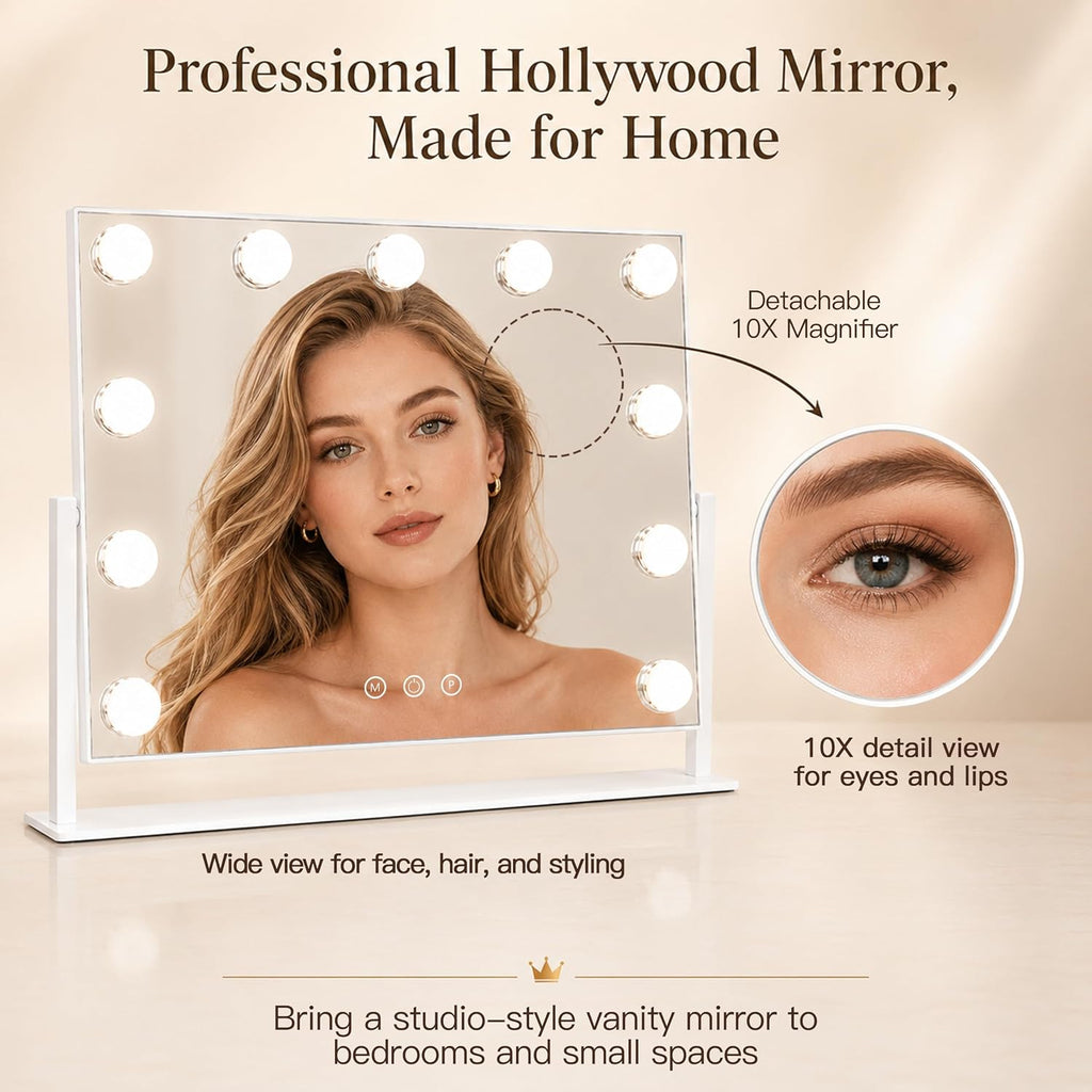 ROLOVE 16 x 12.9 in Hollywood Vanity Mirror with Lights, Tabletop Lighted Makeup Mirror, 11 Dimmable LED Bulbs, 3 Color Lights, Detachable 10X Magnifying Mirror, White, for Desk, Bedroom & Dorm