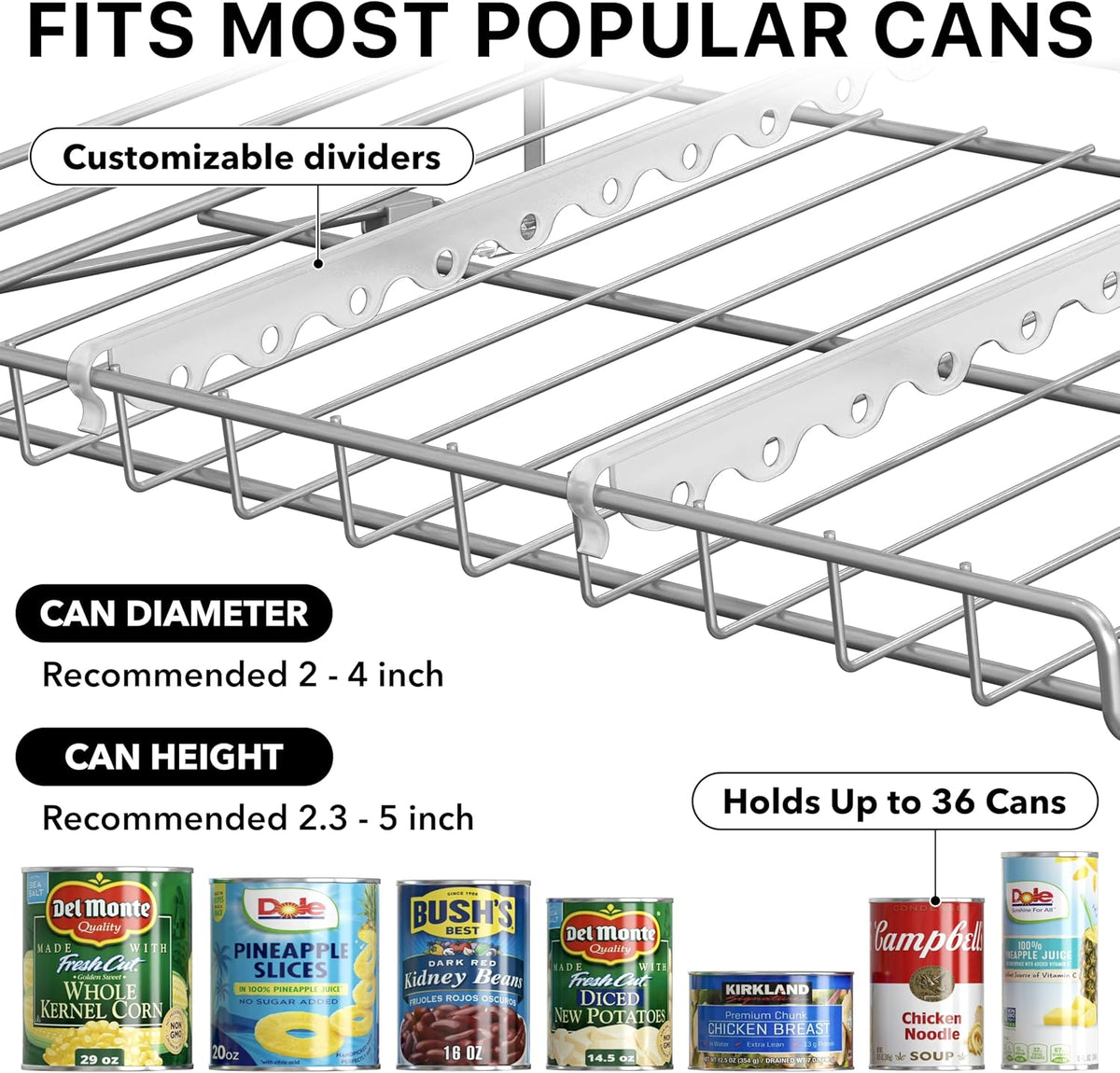 Simple Houseware Stackable Can Rack, Silver, Adjustable Plastic Dividers, Holds 36 Cans