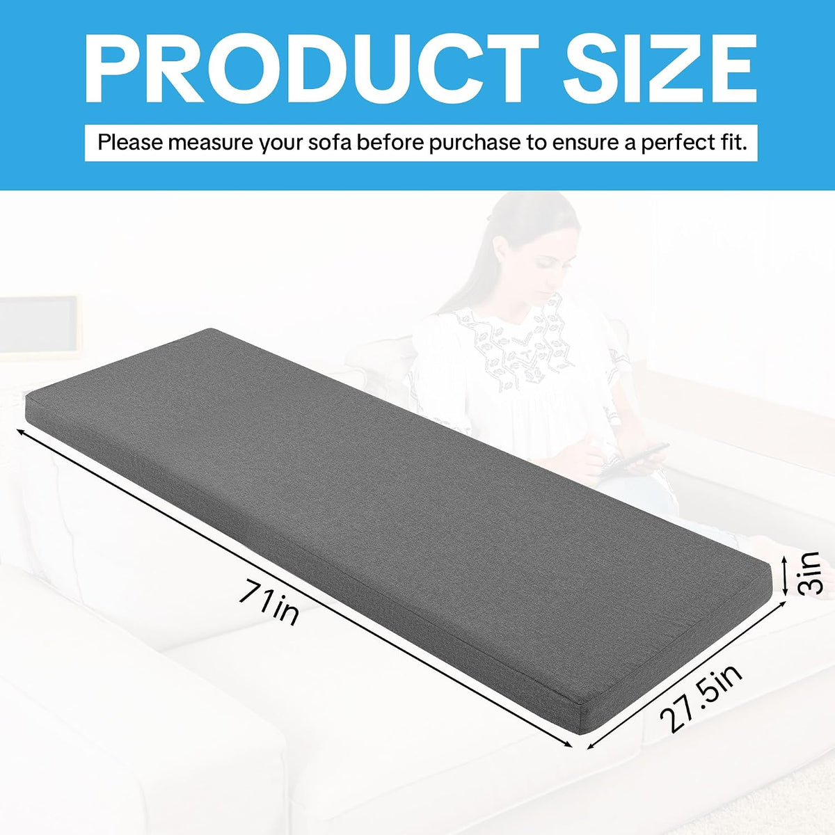 HOMBYS 3 Inch Memory Foam Sofa Topper Pad, 71" L x 27.5" W Inch Couch Topper Cushion with Washable Cover for Sofa, Couch Cover Pad with Non Slip Bottom