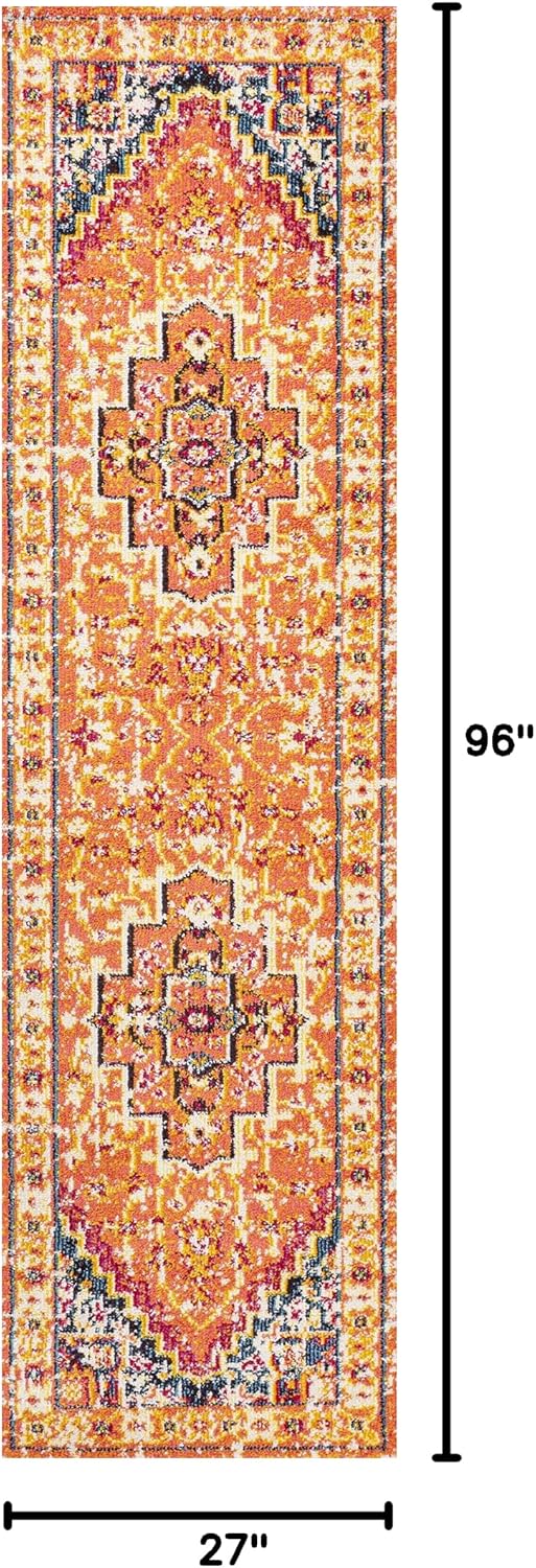 JONATHAN Y Brooklyn Geometric Medallion Orange/Blue Runner Rug, 2x8, Vintage, Bohemian, Easy-Cleaning for Living Room, Bedroom, Kitchen, Pet Friendly, Non-Shedding (MDP207D-28)