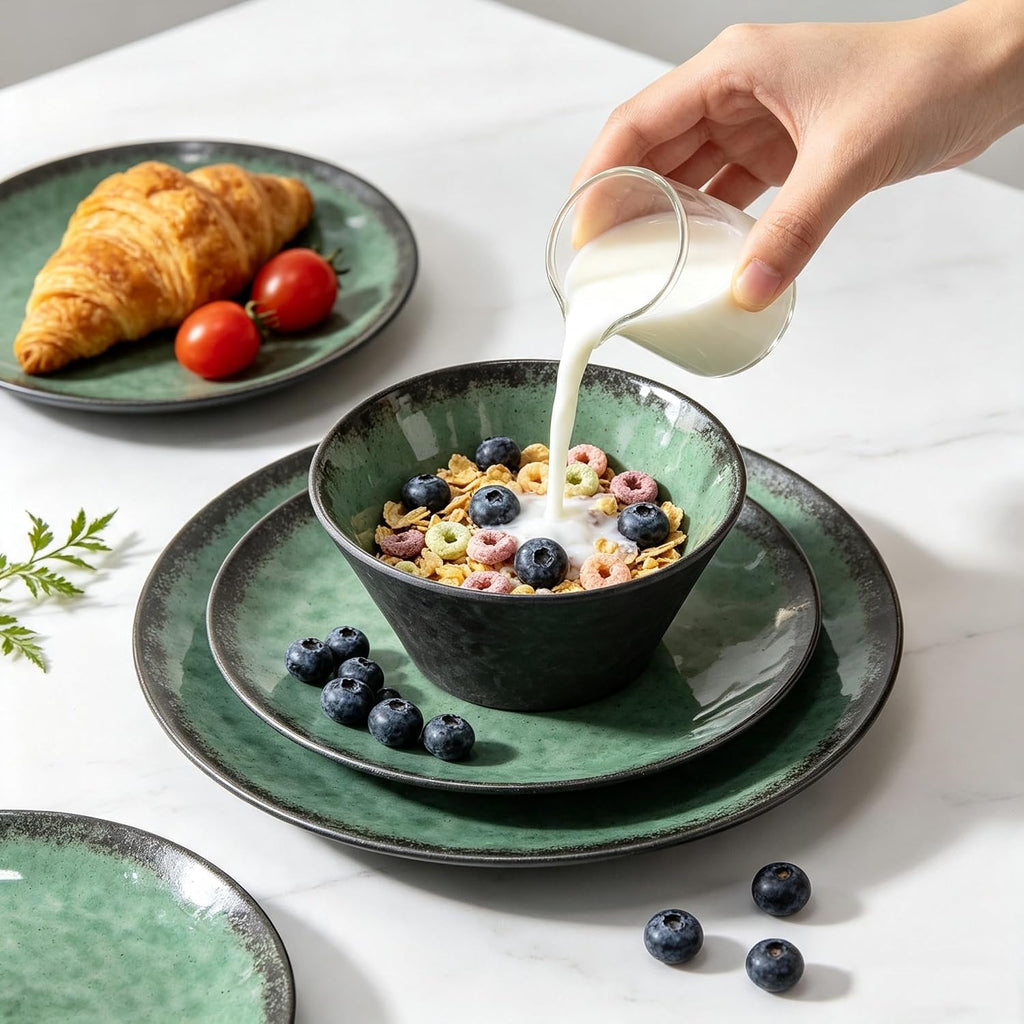 Melamine Dinnerware Sets for 4, 12 Pcs Plates and Bowls set, Green
