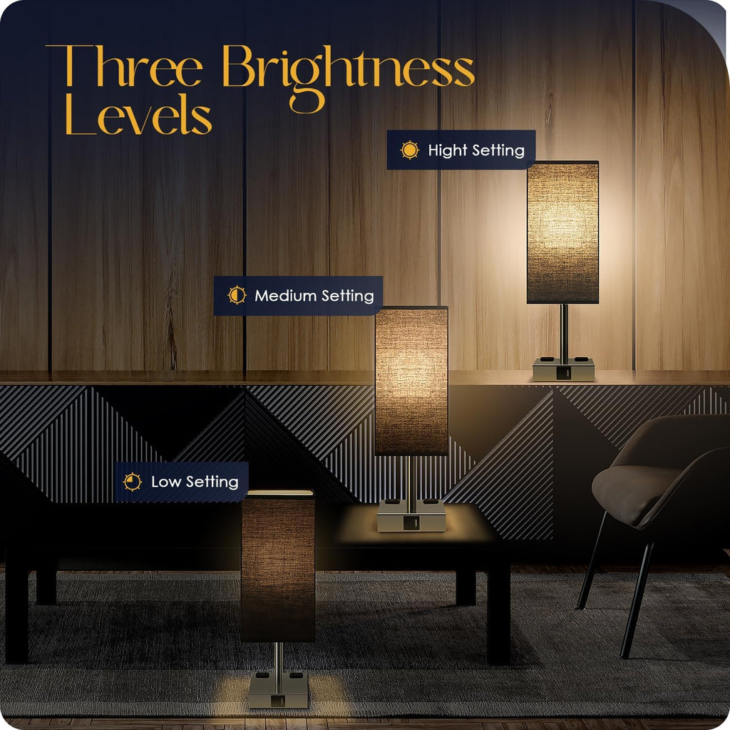 Set of 2 Bedside Table Lamp 3 Way Dimmable Nightstand Lamp with USB C & USB A Charging Port, 2 AC Outlets, 3000K LED Bulbs (Black)