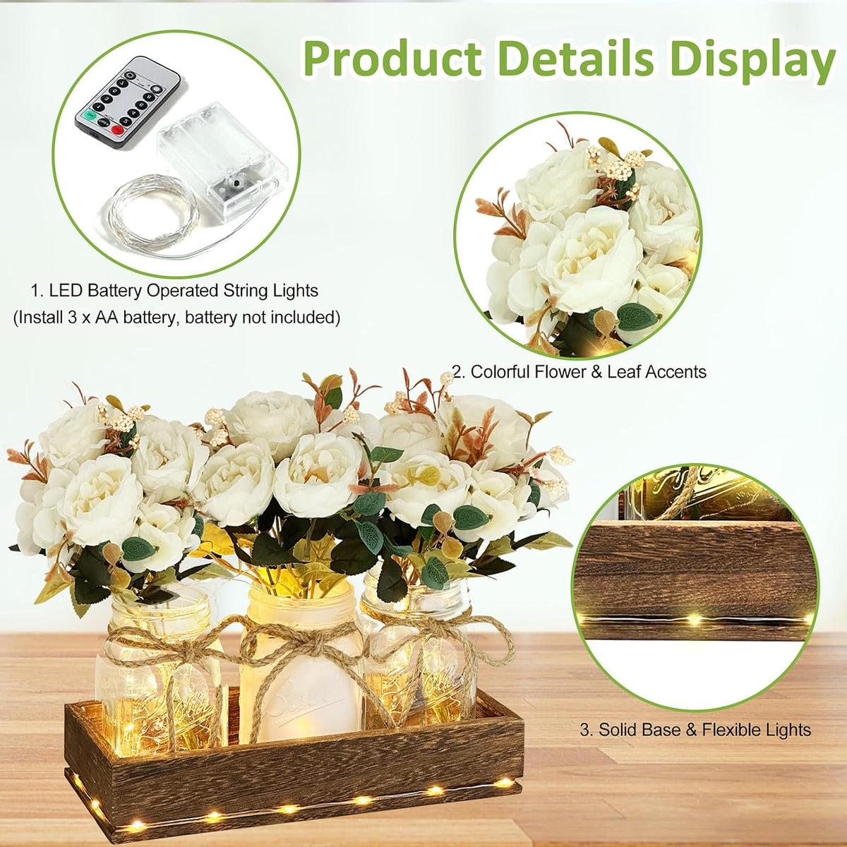 HOMECOR Mason Jar Centerpiece Table Decor with Remote Control LED Lights