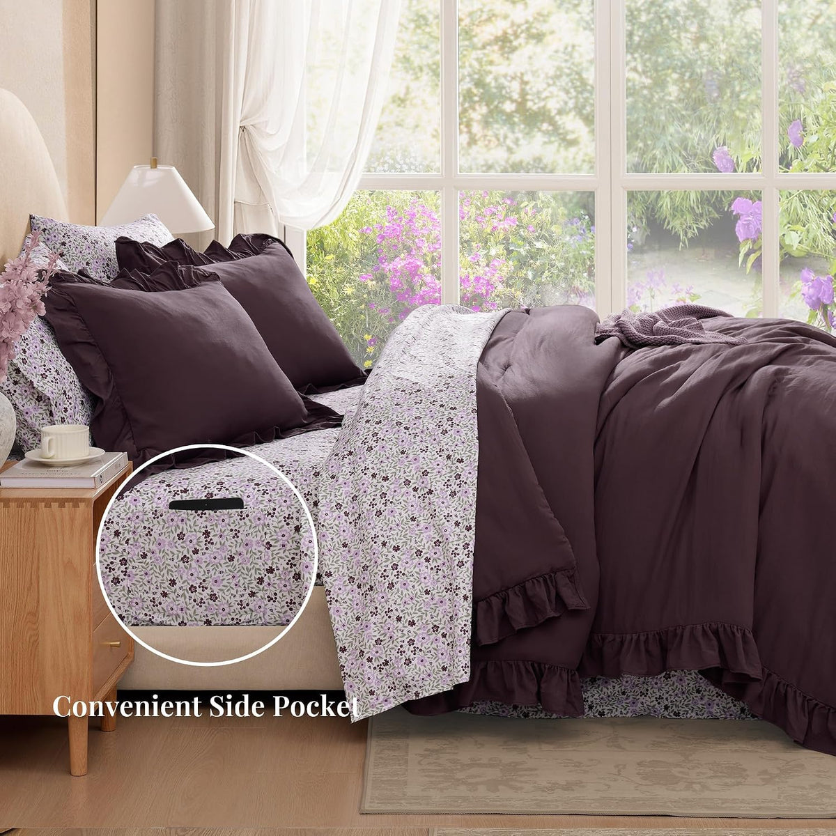 BLOOMHAVEN Queen Comforter Set-7 Pieces Ruffle Bedding with Floral Sheet