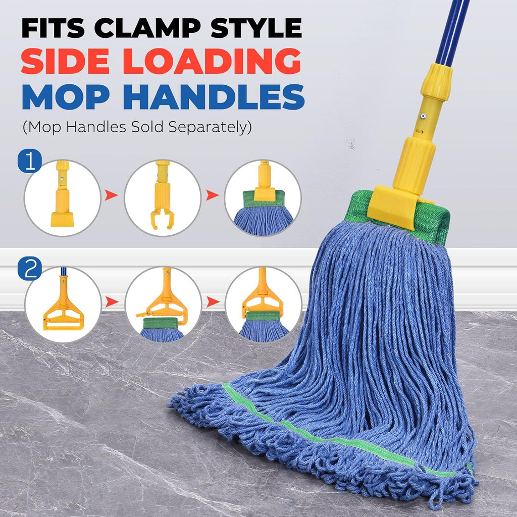 Onesimus 18 oz Heavy Duty Mop Head Replacement, 5 Inch Headband for Quick Change Handle, Blue Loop-End Cotton Blend String Wet Dry Floor Mop Refill Commercial Cleaning Supplies, 3 Pack Medium