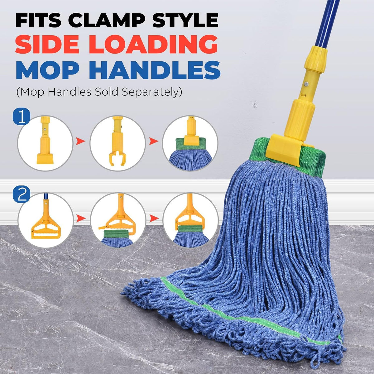 Onesimus 18 oz Heavy Duty Mop Head Replacement, 5 Inch Headband for Quick Change Handle, Blue Loop-End Cotton Blend String Wet Dry Floor Mop Refill Commercial Cleaning Supplies, 3 Pack Medium