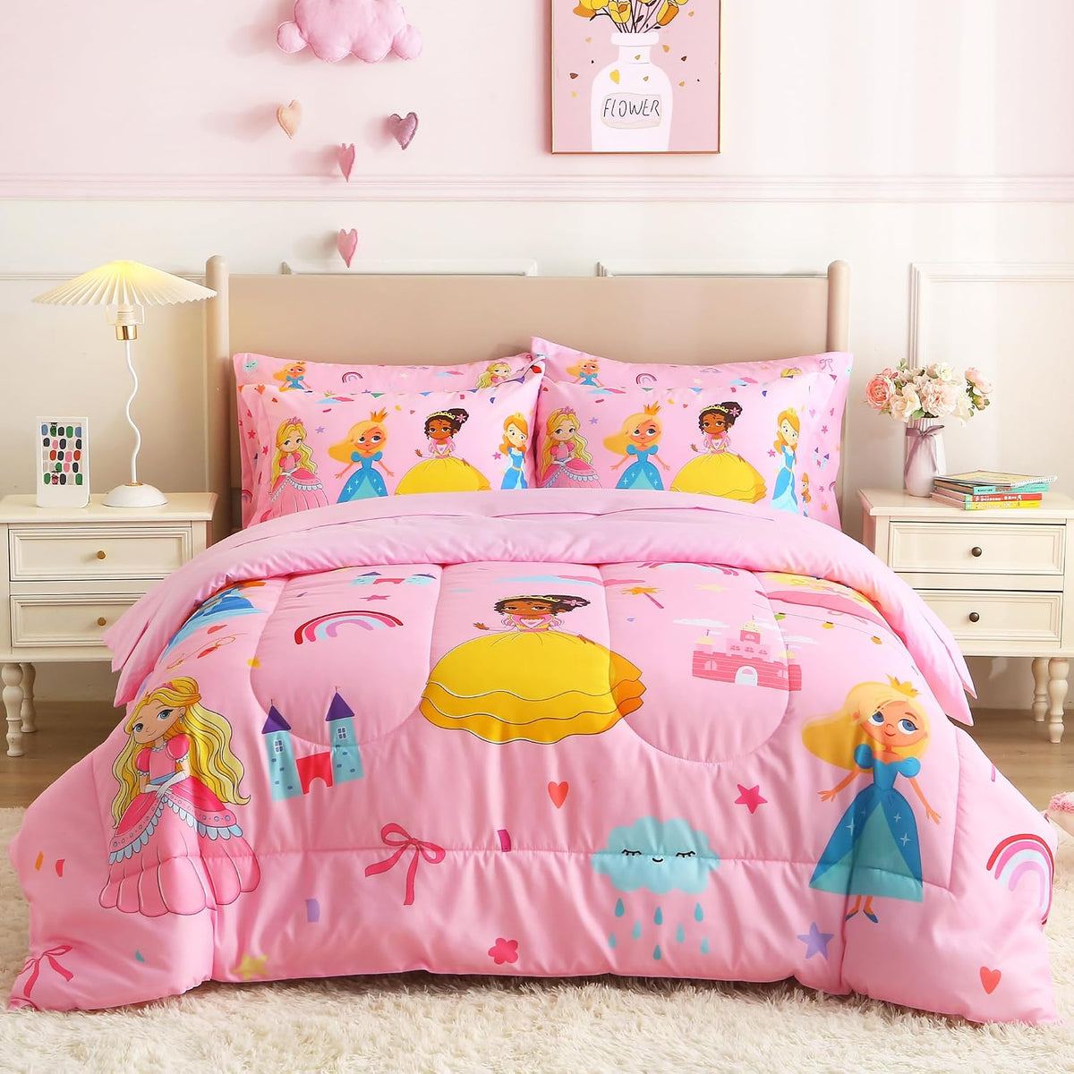 lasoftan Kids' Princess Bedding Set, Pink Princess, Full, 7-Piece