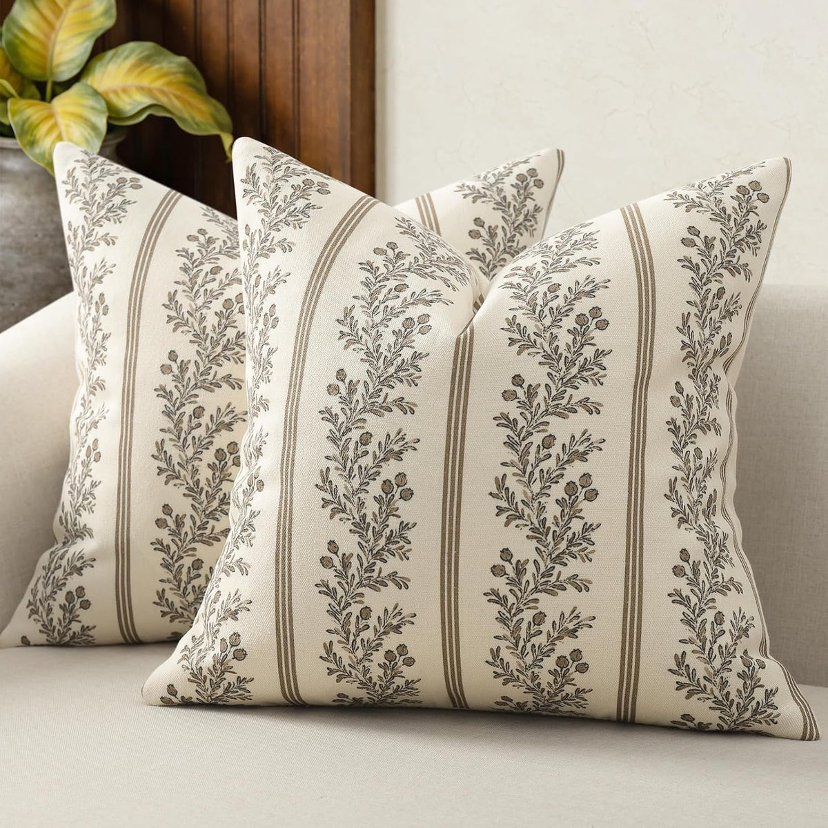 Vintage Throw Pillow Covers 18x18 Set of 2, Striped Floral Pillow Cover Botanical Patterned Decorative Cushion Covers Modern Farmhouse Home Decor for Sofa Couch Bed Living Room, Chocolate