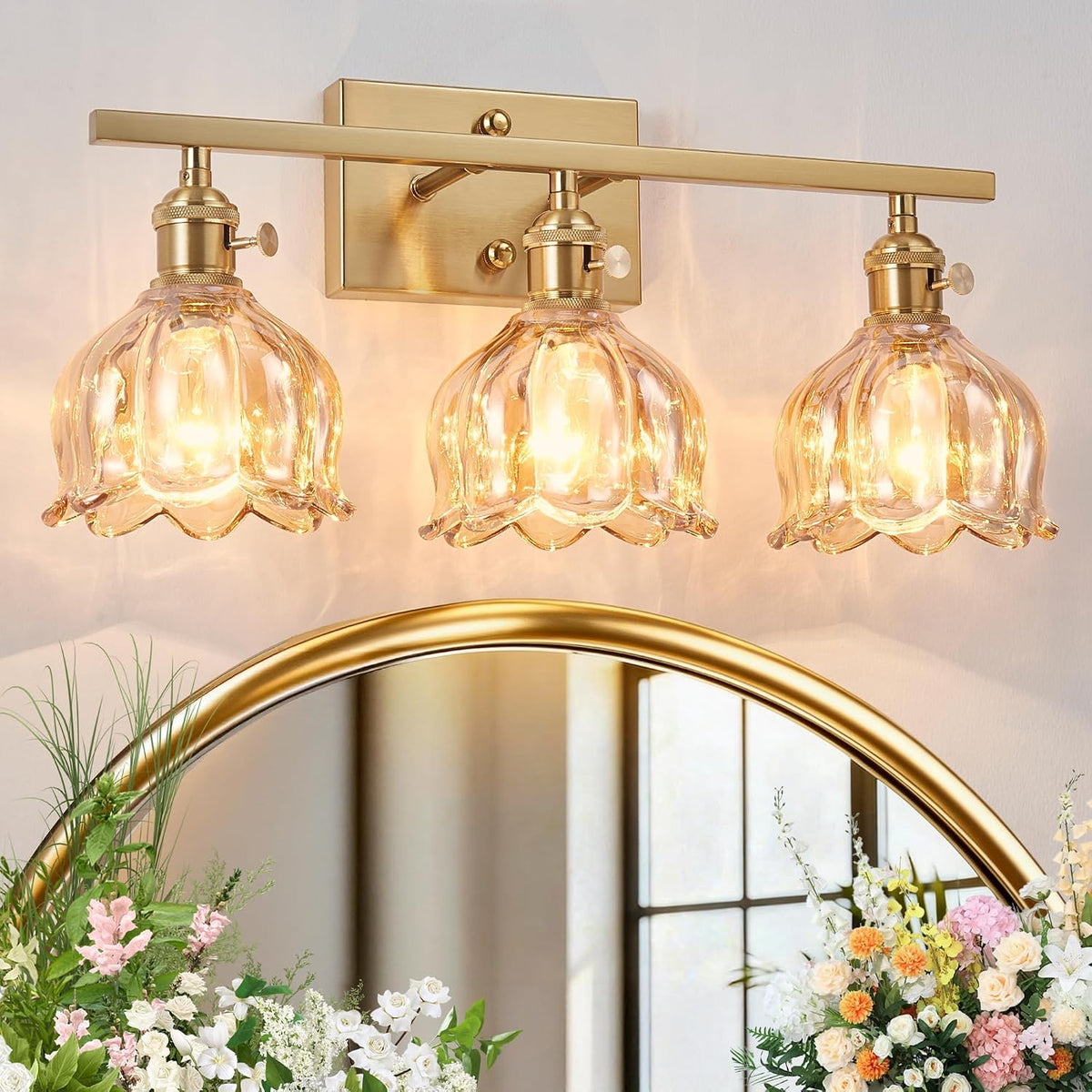 3-Light Vanity Light, Brushed Gold, 19.4", Amber Tulip Glass